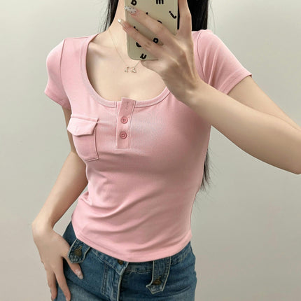 Womens Short Sleeve Crop Tops Button Scoop Neck Fitted Slim Fit Summer Shirts