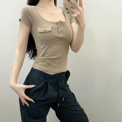 Womens Short Sleeve Crop Tops Button Scoop Neck Fitted Slim Fit Summer Shirts