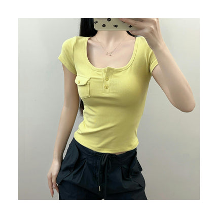 Womens Short Sleeve Crop Tops Button Scoop Neck Fitted Slim Fit Summer Shirts