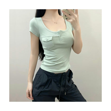 Womens Short Sleeve Crop Tops Button Scoop Neck Fitted Slim Fit Summer Shirts