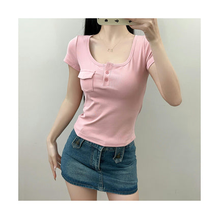 Womens Short Sleeve Crop Tops Button Scoop Neck Fitted Slim Fit Summer Shirts