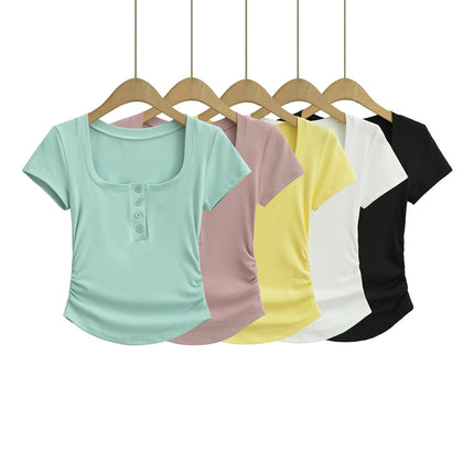 Short Sleeve Square Neck Button Crop Tops Summer Ruched Slim Fit T Shirts