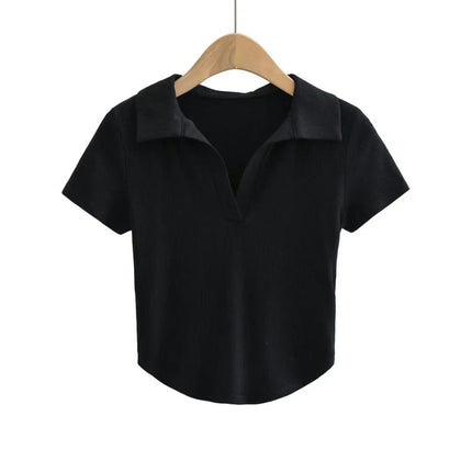 Cropped Polo Shirts for Women Short Sleeve T-Shirt V Neck Collared Tees Tops