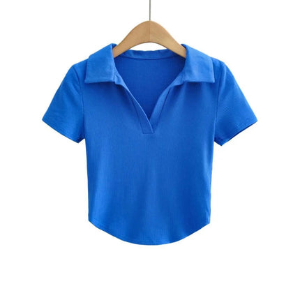 Cropped Polo Shirts for Women Short Sleeve T-Shirt V Neck Collared Tees Tops