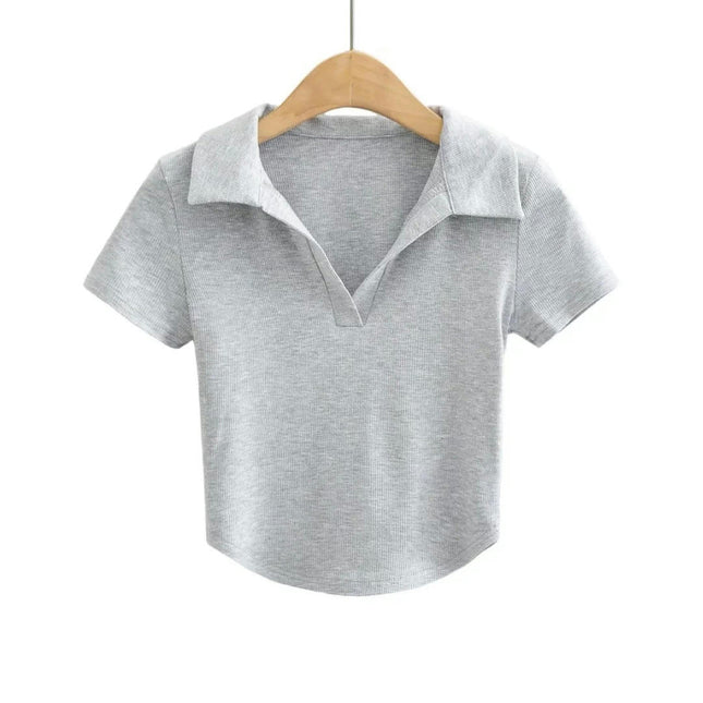 Cropped Polo Shirts for Women Short Sleeve T-Shirt V Neck Collared Tees Tops