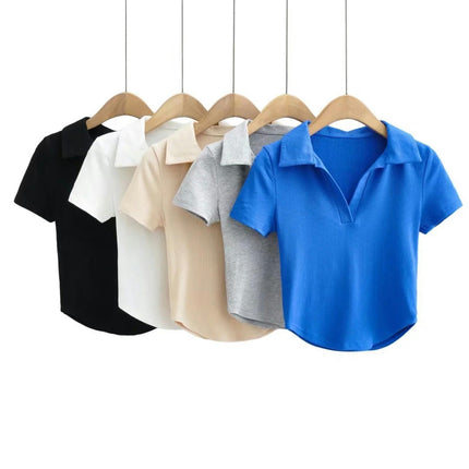 Cropped Polo Shirts for Women Short Sleeve T-Shirt V Neck Collared Tees Tops