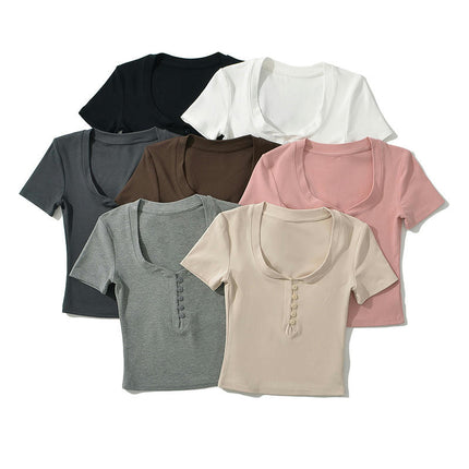 Womens Button Square Neck Short Sleeve Tee Crop Tops Fitted Summer T-Shirts