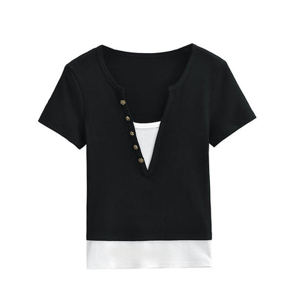 Womens Summer Short Sleeve Slim Fit T Shirt V Neck Color Block Crop Tops