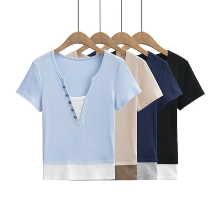 Womens Summer Short Sleeve Slim Fit T Shirt V Neck Color Block Crop Tops