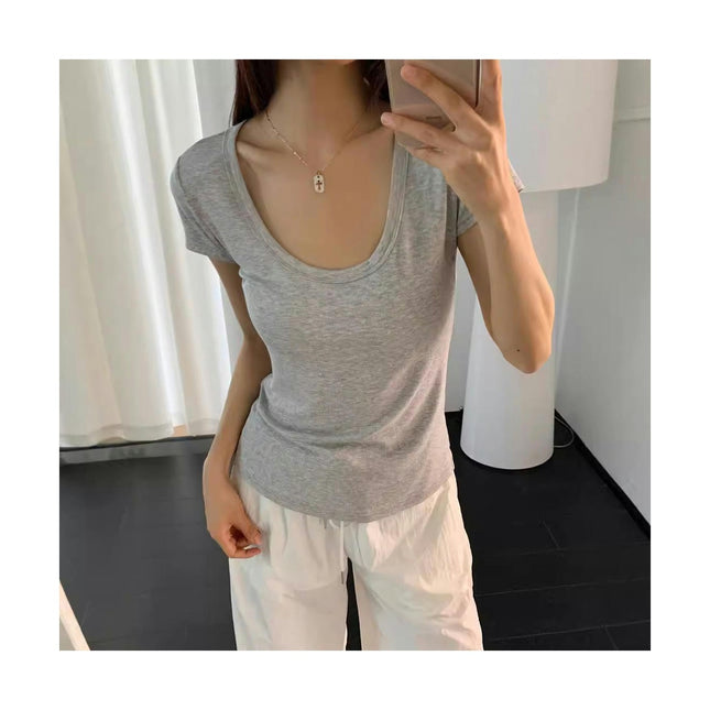 Women's Summer Short Sleeve T-Shirts U Neck Slim Fit Casual Top