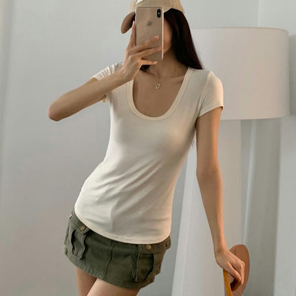 Women's Summer Short Sleeve T-Shirts U Neck Slim Fit Casual Top