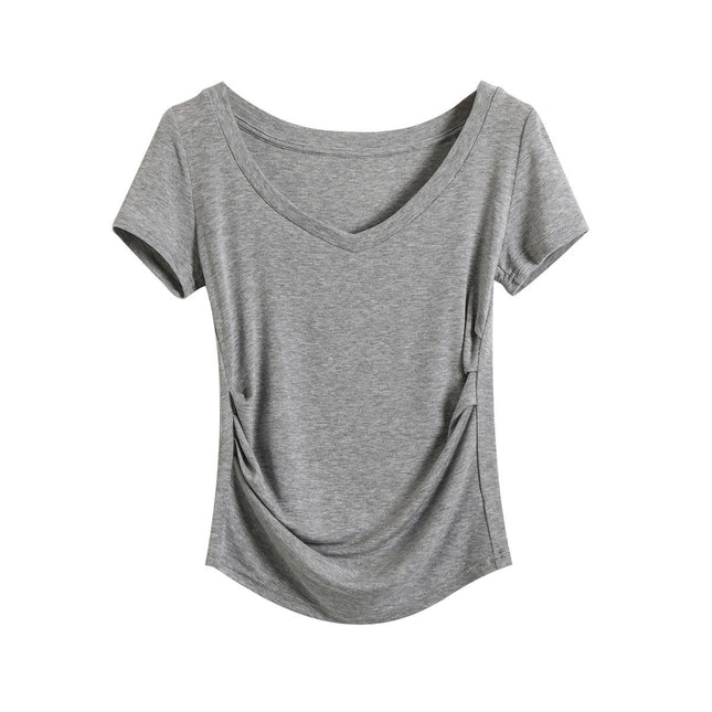 Womens Ruched T Shirts V Neck Short Sleeve Casual Slim Fit Tees Tops