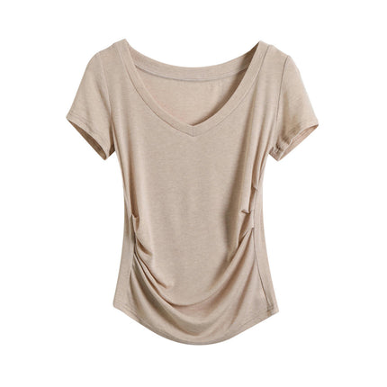 Womens Ruched T Shirts V Neck Short Sleeve Casual Slim Fit Tees Tops