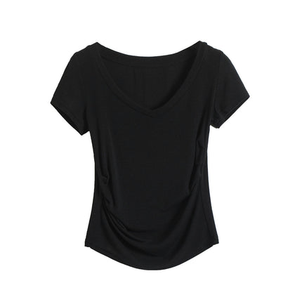 Womens Ruched T Shirts V Neck Short Sleeve Casual Slim Fit Tees Tops