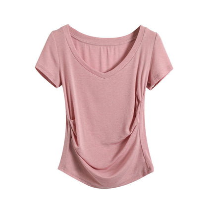 Womens Ruched T Shirts V Neck Short Sleeve Casual Slim Fit Tees Tops