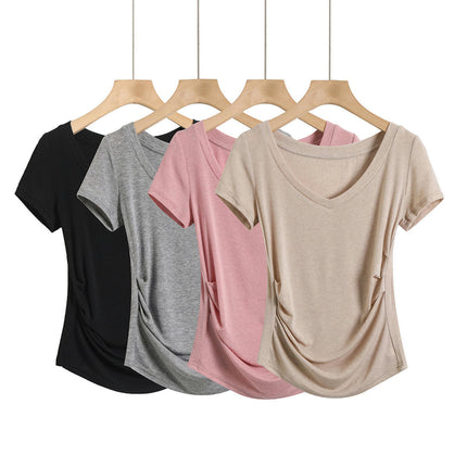 Womens Ruched T Shirts V Neck Short Sleeve Casual Slim Fit Tees Tops