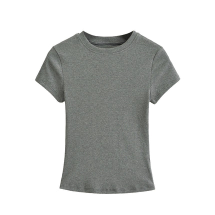 Womens Summer Short Sleeve Slim Fit Tshirt Round Neck Ribbed Tops