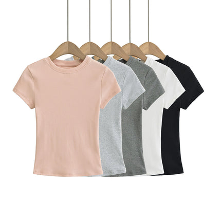 Womens Summer Short Sleeve Slim Fit Tshirt Round Neck Ribbed Tops