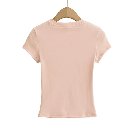 Womens Summer Short Sleeve Slim Fit Tshirt Round Neck Ribbed Tops