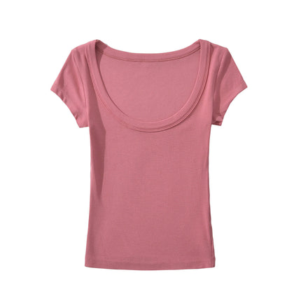 Womens Short Sleeve Slim Fit Tshirt Scoop Neck Ribbed Summer Tops