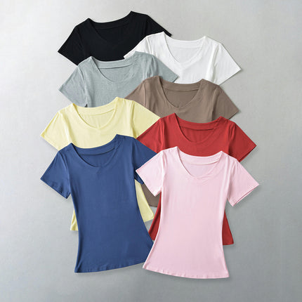 Women's Summer Short Sleeve V-Neck Shirts Slim Fit Casual T-Shirt Tops