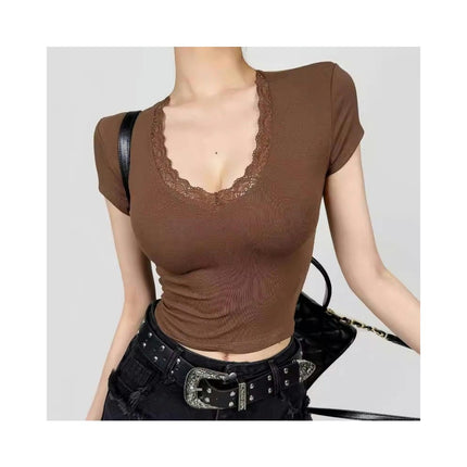 Womens Summer Short Sleeve Slim Fit T Shirt Lace Trim V Neck Crop Tops