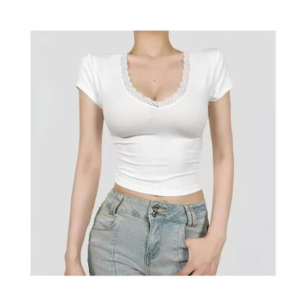 Womens Summer Short Sleeve Slim Fit T Shirt Lace Trim V Neck Crop Tops