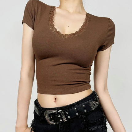 Womens Summer Short Sleeve Slim Fit T Shirt Lace Trim V Neck Crop Tops