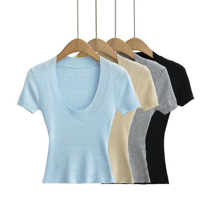 Womens Scoop Neck Short Sleeve Basic Tee Tops Fitted Ribbed T-Shirts for Summer