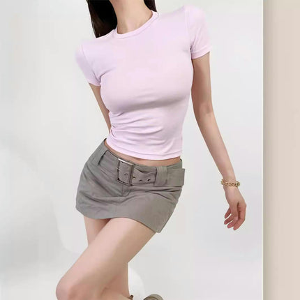 Womens Basic T-Shirts Crew Neck Short Sleeve Crop Tops Cute Summer Slim Fit Tees