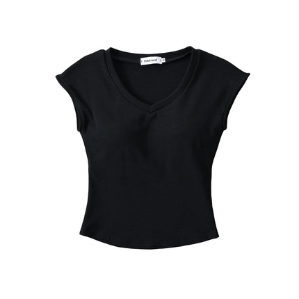 Womens Summer Short Sleeve Crop Tops V Neck Shirts Casual Slim Fit Basic T-Shirt