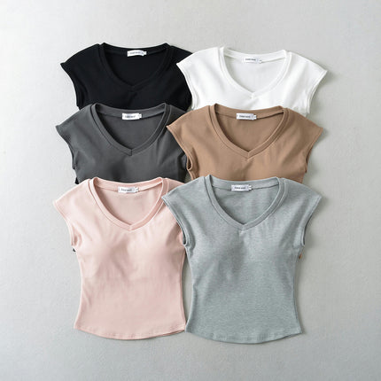 Womens Summer Short Sleeve Crop Tops V Neck Shirts Casual Slim Fit Basic T-Shirt