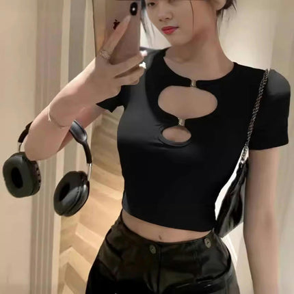 Womens Summer Short Sleeve Crop Tops Crew Neck Cut Out Casual Slim Fit T-Shirt