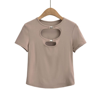 Womens Summer Short Sleeve Crop Tops Crew Neck Cut Out Casual Slim Fit T-Shirt