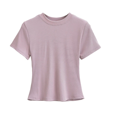 Women's Short Sleeve T-Shirt Crewneck Summer Basic Tee Crop Tops Solid Slim Fit Shirts