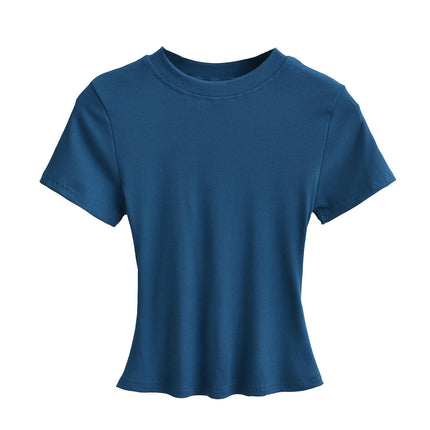 Women's Short Sleeve T-Shirt Crewneck Summer Basic Tee Crop Tops Solid Slim Fit Shirts