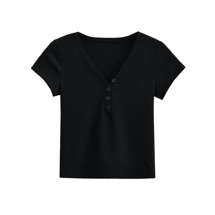 Women's Basic V Neck Low Cut Solid Sexy Button Down Short Sleeve T Shirts