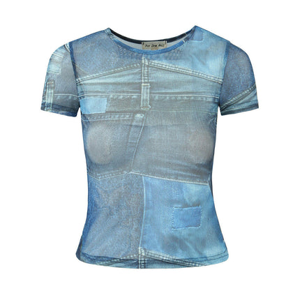 Women's Short Sleeve Sheer Mesh Crop Top Round Neck Slim Fit Tee Shirts