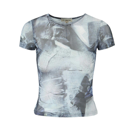 Women's Short Sleeve Sheer Mesh Crop Top Round Neck Slim Fit Tee Shirts