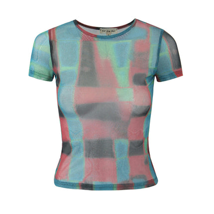 Women's Short Sleeve Sheer Mesh Crop Top Round Neck Slim Fit Tee Shirts