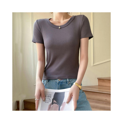 Women's Short Sleeve T-shirts Scoop Neck Slim Fit Ribbed Casual Top