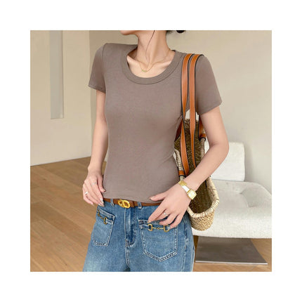 Women's Short Sleeve T-shirts Scoop Neck Slim Fit Ribbed Casual Top