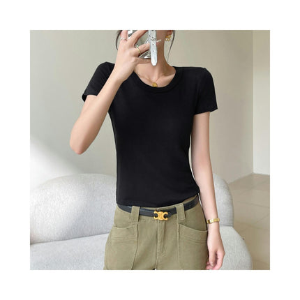 Women's Short Sleeve T-shirts Scoop Neck Slim Fit Ribbed Casual Top