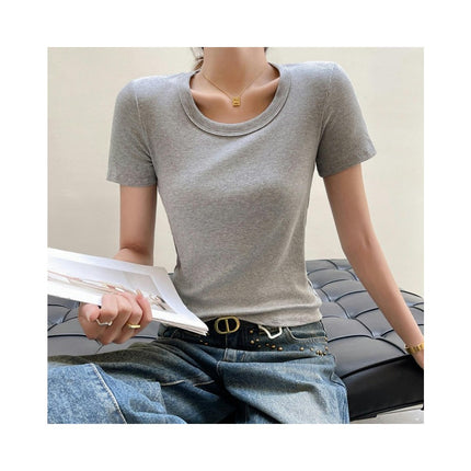 Women's Short Sleeve T-shirts Scoop Neck Slim Fit Ribbed Casual Top