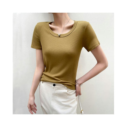 Women's Short Sleeve T-shirts Scoop Neck Slim Fit Ribbed Casual Top