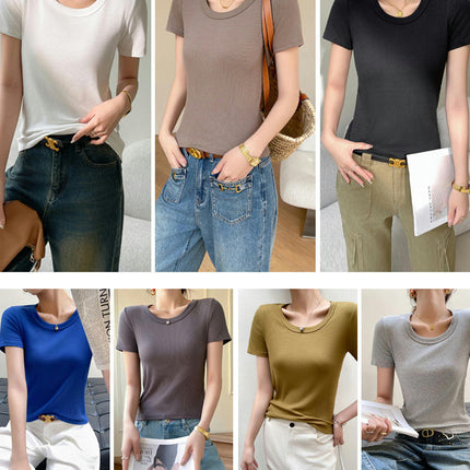 Women's Short Sleeve T-shirts Scoop Neck Slim Fit Ribbed Casual Top