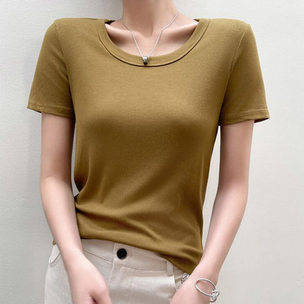 Women's Short Sleeve T-shirts Scoop Neck Slim Fit Ribbed Casual Top