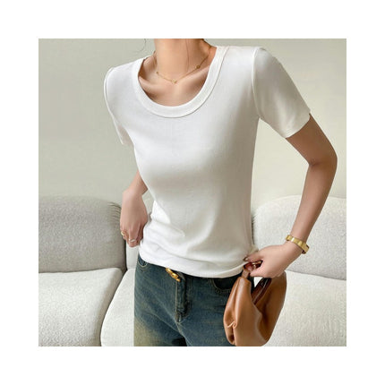 Women's Short Sleeve T-shirts Scoop Neck Slim Fit Ribbed Casual Top