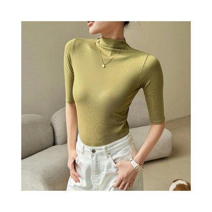 Women's Summer Half Sleeve T-shirts Mock Neck Slim Fit Casual Top