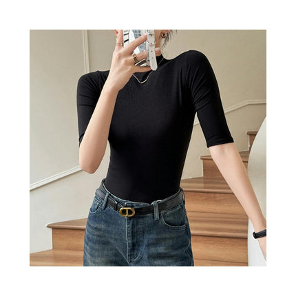 Women's Summer Half Sleeve T-shirts Mock Neck Slim Fit Casual Top